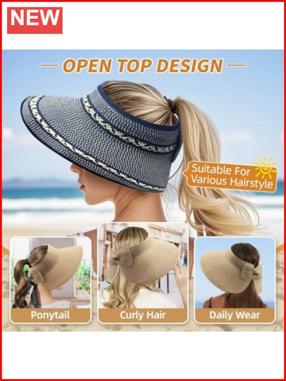 Wide Brim Straw Sun Visor Ponytail Hat UPF 50+ Foldable